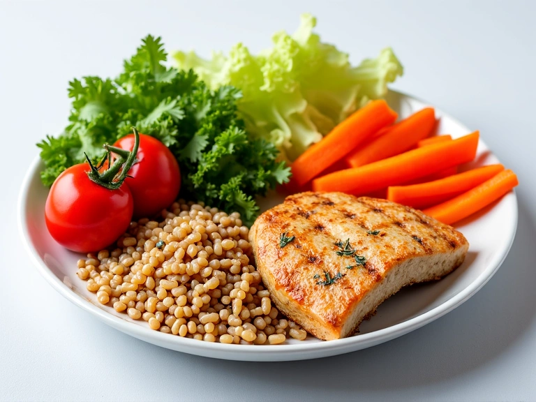 Un plato colorido y equilibrado con vegetales frescos, proteínas magras y granos enteros.